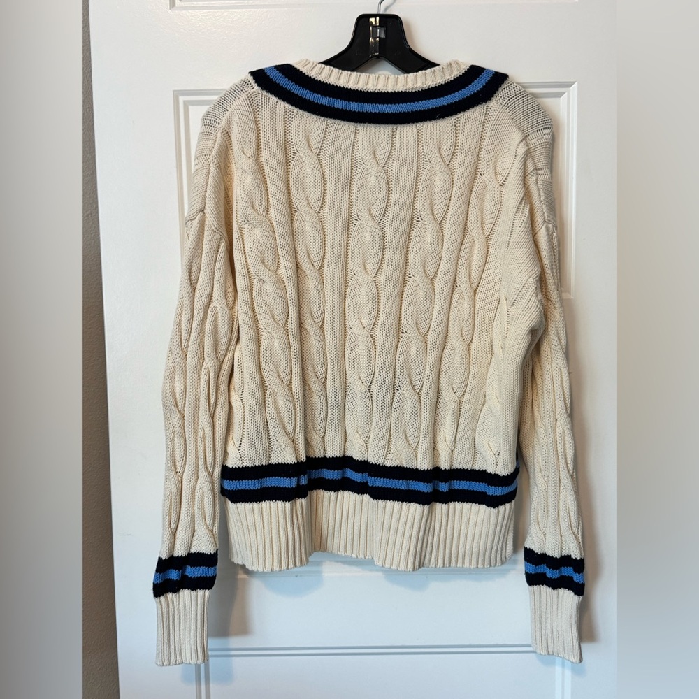 Olivaceous Cable Knit V-Neck Sweater Cream Blue Striped Preppy Large - Picture 4 of 4